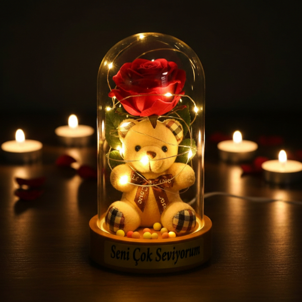 Ayıcıklı Ledli Gül Fanus  - 5